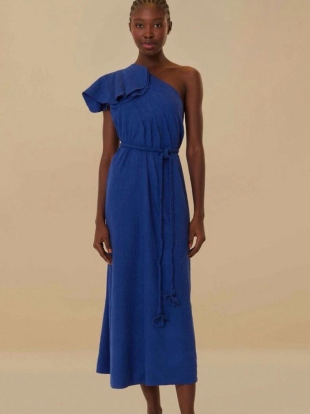 Farm Rio Xs Navy Blue One Shoulder Leaf Maxi Dress Anthropologie New